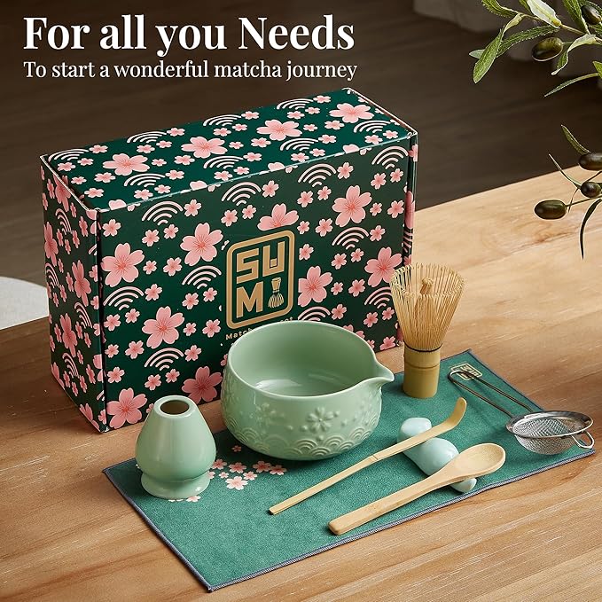 Matcha Whisk Set 9pcs – Matcha Tea Set with Ceramic Matcha Bowl, Bamboo Whisk (Chasen), Scoop, Sifter | Matcha Kit for Japanese Tea Ceremony & Beginners(Green)