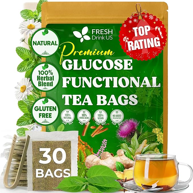 FreshDrinkUS, Premium 30 Tea Bags Glucose Functional Tea – Herbal Blend with Gymnema, Cinnamon, Bitter Melon, Tulsi & More –– Caffeine-Free. Sugar-Free. Gluten-Free. Vegan