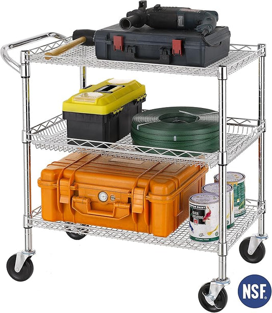 Finnhomy 3 Tier Heavy Duty Commercial Grade Utility Cart, Wire Rolling Cart with Handle Bar, Steel Service Cart with Wheels, Utility Shelf Plant Display Shelf Food Storage Trolley, NSF Listed