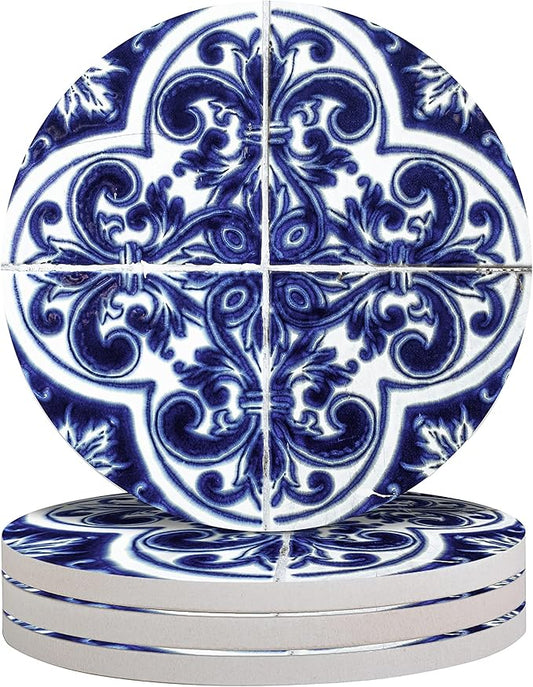 4-Piece Round Absorbent Ceramic Coaster Set with Cork Base – Durable Drink Coasters for Mugs, Cups, and Tabletop Protection (Azulejos)