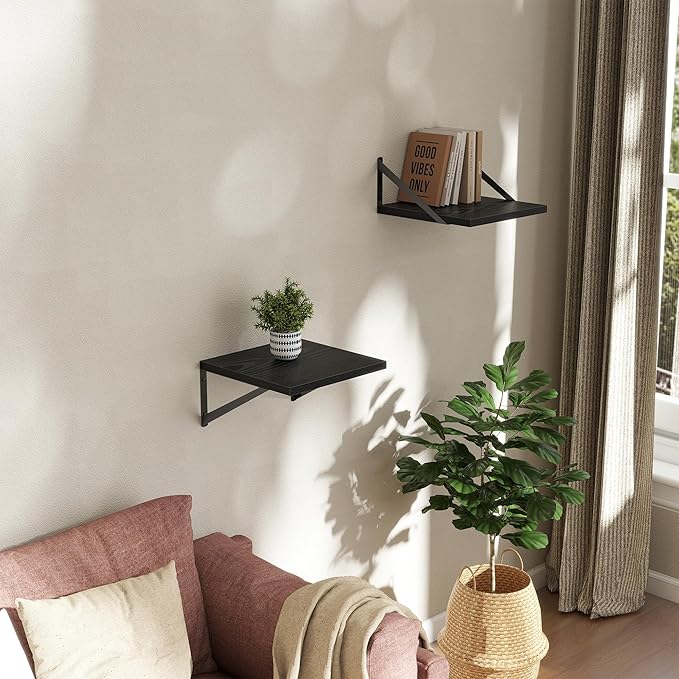 Deep Floating Shelves Wall Mounted, 12"x12" Black Wall Shelves with Brackets Set of 2 for Bedroom, Living Room, Bathroom, Kitchen, Office - Storage & Display Shelf for Decor, Books, Plants