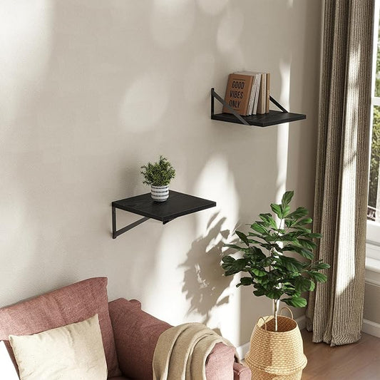 Deep Floating Shelves Wall Mounted, 12"x12" Black Wall Shelves with Brackets Set of 2 for Bedroom, Living Room, Bathroom, Kitchen, Office - Storage & Display Shelf for Decor, Books, Plants