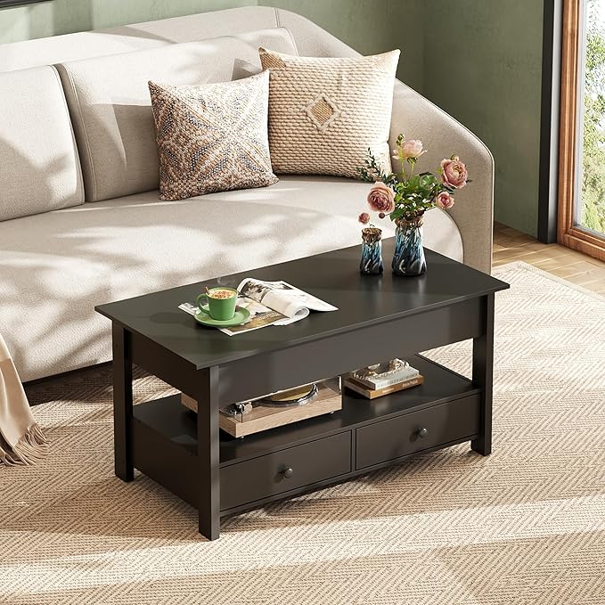 WLIVE Coffee Table, Lift Top Coffee Table with 2 Drawers, Large Storage and Open Shelf, Lift Tabletop for Living Room, Black