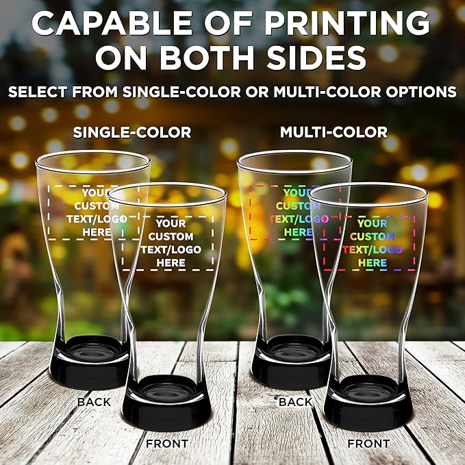 Custom Pilsner Glasses 13.25 oz. Set of 12, Personalized Bulk Pack - Made in the USA, Perfect for Hotels, Restaurants, Bars and Even Party Favors - Black
