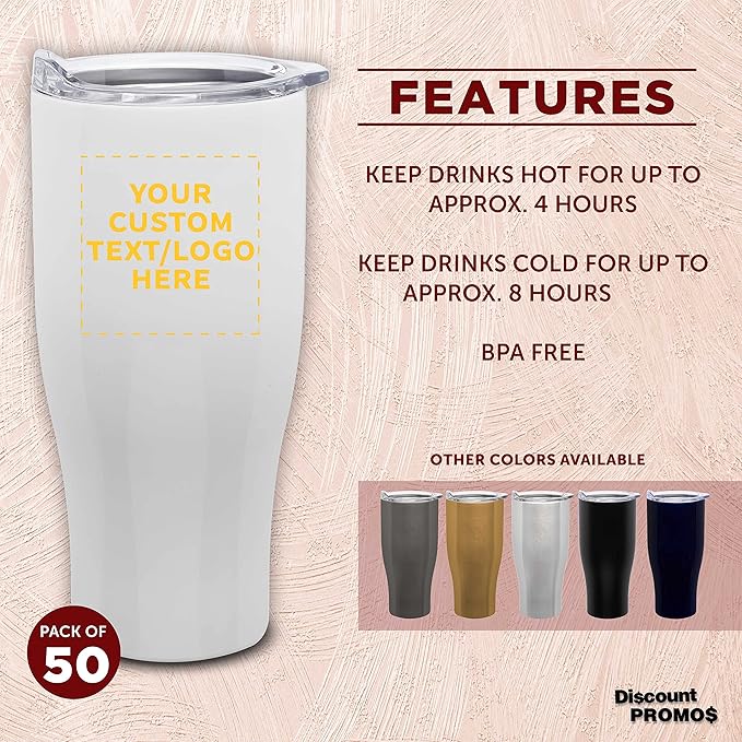 Custom Stainless Steel Grip Travel Mugs 27 oz. Set of 50, Personalized Bulk Pack - Perfect for Coffee, Soda, Other Hot & Cold Beverages - White