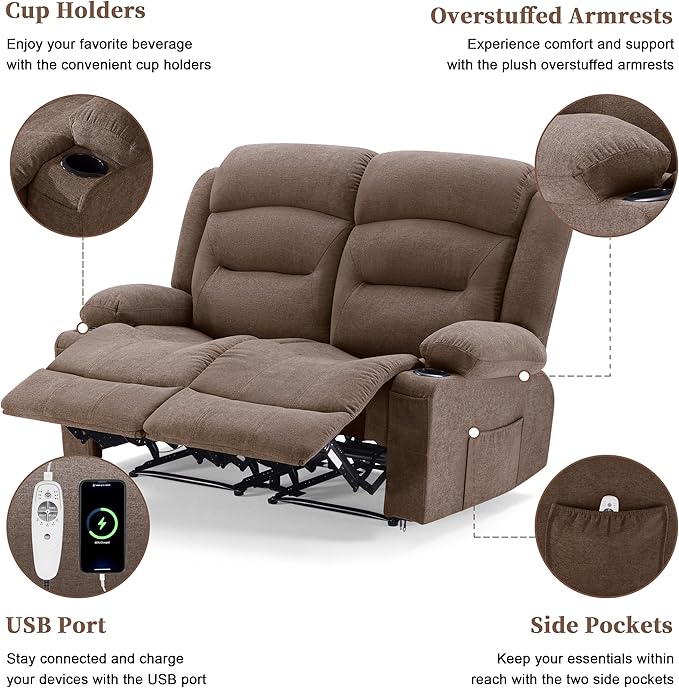 Oversized Recliner Loveseat with Heat and Massage, Wall-Hugger Reclining Sofa with Cup Holders and USB Port, Big Large 2-Seater Double RV Recliner Loveseat for Living Room (Fabric, Brown)