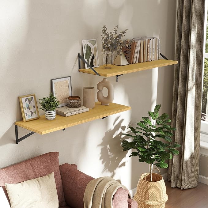 Deep Floating Shelves Wall Mounted, 36"x12" Oak Wall Shelves with Brackets Set of 2 for Bedroom, Living Room, Bathroom, Kitchen, Office - Storage & Display Shelf for Decor, Books, Plants