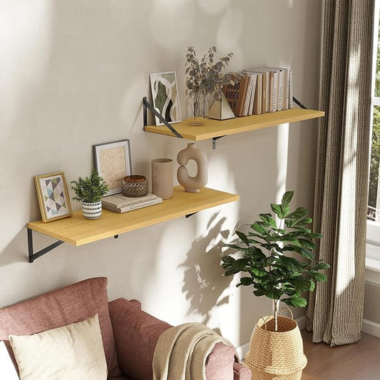 Deep Floating Shelves Wall Mounted, 36"x12" Oak Wall Shelves with Brackets Set of 2 for Bedroom, Living Room, Bathroom, Kitchen, Office - Storage & Display Shelf for Decor, Books, Plants