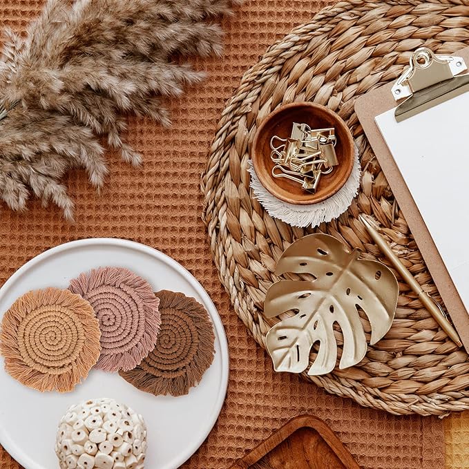Whaline Boho Macrame Coasters Set of 4 Handmade Woven Coaster for Drinks Bohemian Cup Mat with Tassel for Kinds of Mugs and Cups Coffee Home Kitchen Office Wooden Table Decor