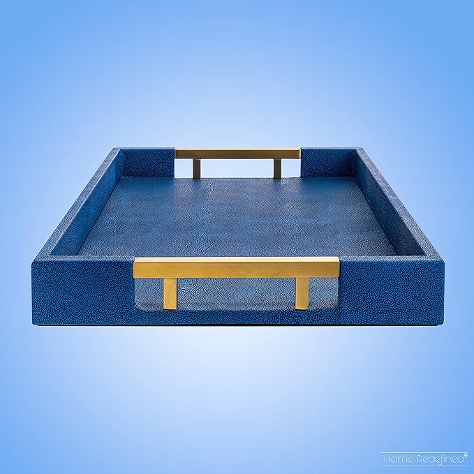 Modern Elegant 17.5”x12” Rectangle Navy Blue Faux Leather Shagreen Decorative Tray Ottoman Tray Coffee Table Perfume Living Room Kitchen Serving Tray with Brass Gold Metal Handles by Home Redefined.
