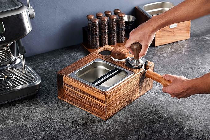 Espresso Knock Box and Tamping Station with Removable Organizer for 51mm, 54mm Ideal for Espresso Enthusiasts and Family Baristas
