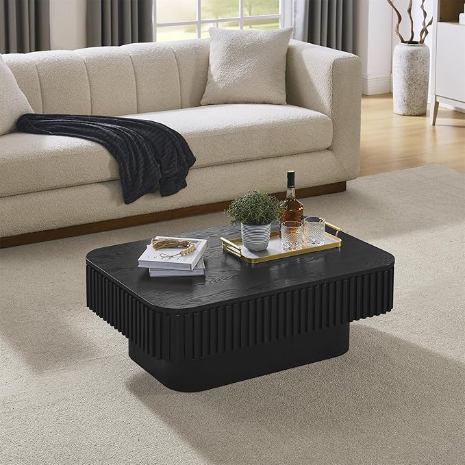 SZTHHDF Lift Top Coffee Table for Living Room,Rectangle Handmade Solid Wood Strips, Fluted Coffee Table with Hidden Storage Compartment for Small Space Office Apartment (38.6"L×26.8''W×13.8''H-Black)