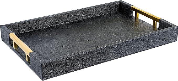 Modern Elegant 17.5"x12" Rectangle Black Glossy Shagreen Faux Leather Decorative Tray Ottoman Coffee Table Perfume Living Room Kitchen Serving Tray with Gold Polished Metal Handles by Home Redefined