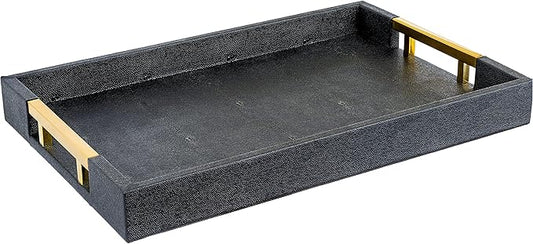Modern Elegant 17.5"x12" Rectangle Black Glossy Shagreen Faux Leather Decorative Tray Ottoman Coffee Table Perfume Living Room Kitchen Serving Tray with Gold Polished Metal Handles by Home Redefined