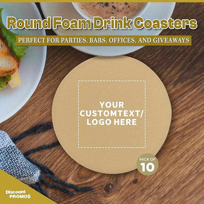 10 Round Foam Bud Coasters Pack, 4 inch - Customizable Text, Logo - PU Foam, Party Favor - Khaki
