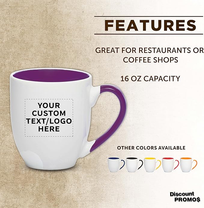 Custom Bistro Style Large Coffee Mugs 16 oz. Set of 10/50/100, Personalized Bulk Pack - Perfect for Coffee, Tea, Espresso, Hot Cocoa, Other Beverages - Purple