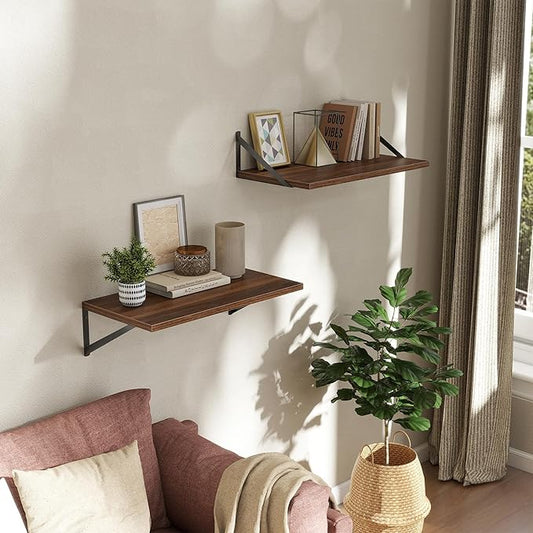 Deep Floating Shelves Wall Mounted, 24"x12" Walnut Wall Shelves with Brackets Set of 2 for Bedroom, Living Room, Bathroom, Kitchen, Office - Storage & Display Shelf for Decor, Books, Plants