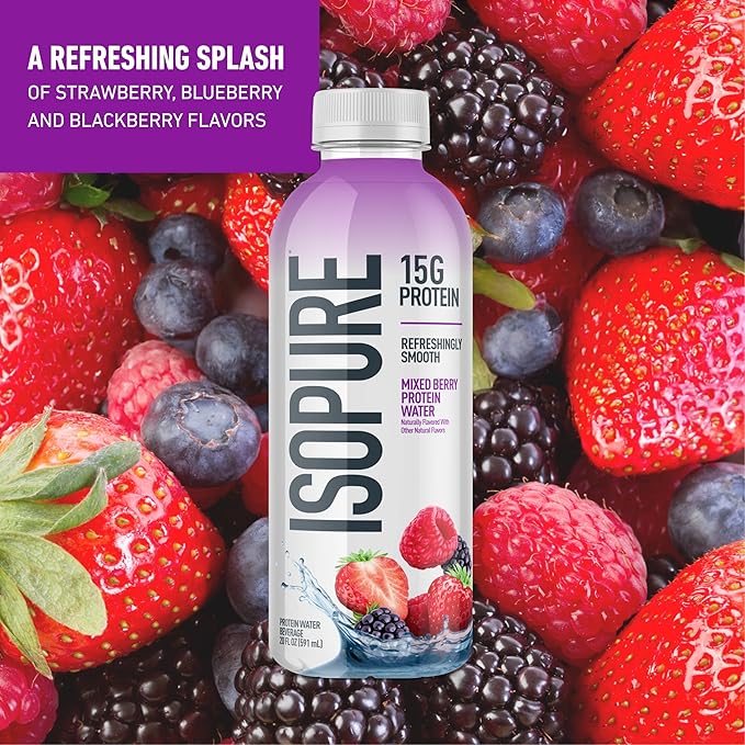 Isopure Clear Whey Isolate Mixed Berry Protein Powder 16 Servings + 1 Bottle of Clear Protein Water with Electrolytes, 15g Whey Protein Isolate, Zero Sugar, Mixed Berry, 20 fl oz Bottle