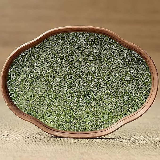 IwaiLoft Glass Serving Tray with The Crabapple Pattern Glass and Walnut for Kitchen Countertop Home Decor for Coffee Table, Also Suitable for Tea Coffee Decorative Trays (Green,11.4" x 7.8" x 1")