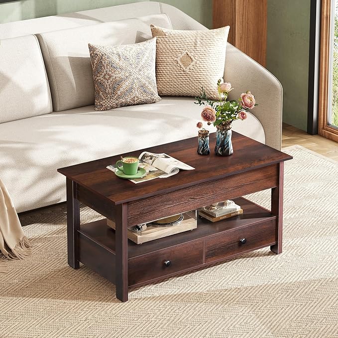 WLIVE Coffee Table, Lift Top Coffee Table with 2 Drawers, Large Storage and Open Shelf, Lift Tabletop for Living Room, Dining Table, Espresso