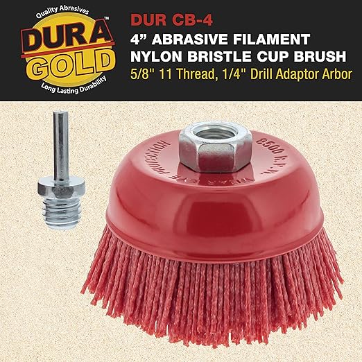 Dura-Gold 4" Abrasive Filament Nylon Bristle Cup Brush - 5/8" 11 Thread, 1/4" Hex Drill Shank Arbor, Coarse Grit Angle Grinder Brush for Truck Bed Liner Surface Prep, Sanding, Rust & Paint Removal