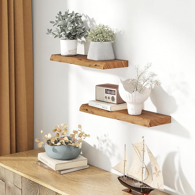 24 Inch Live Edge Floating Shelves for Wall 2 Pack Shelves for Bedroom, Bathroom, Kitchen, Wall Mounted Rustic Solid Elm Wood Floating Shelf with Invisible Bracket for Books, Decor, Storage, Natural