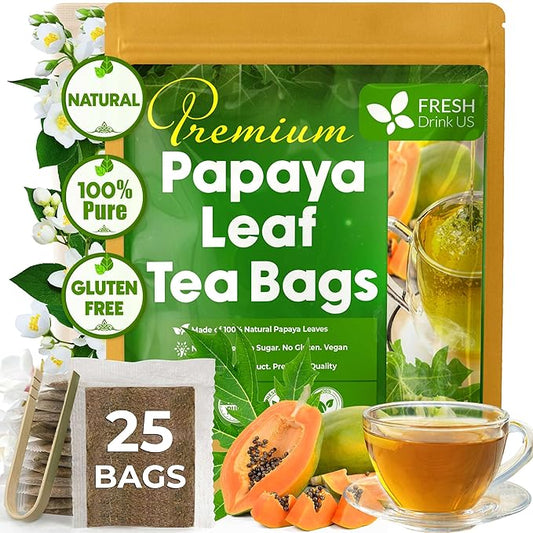 FreshDrinkUS, Premium 25 Papaya Leaf Tea Bags, 100% Natural & Pure from Papaya Leaves. Loose Leaf Herbal Tea. Made with Natural Material Tea Bags. No Sugar, No Caffeine, No Gluten, Vegan.