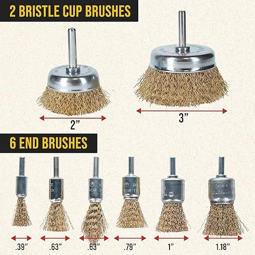 Dura-Gold 12-Piece Abrasive Brass-Coated Wire Wheel, Cup Brush, and End Brush Set, 1/4" Drill Shank, Carbon Steel Bristles - Surface Prep Grinding, Stripping Metal, Clean Remove Rust, Corrosion, Paint