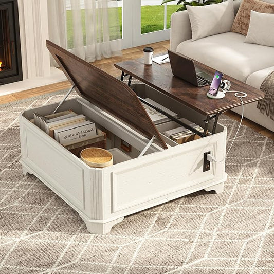 St.Mandyu 40 Inch Farmhouse Lift Top Coffee Table with Charging Station & Hidden Storage - Square Center Table with Lifting Top, Large Storage Cabinet for Living Room, Bedroom, Home Office, White