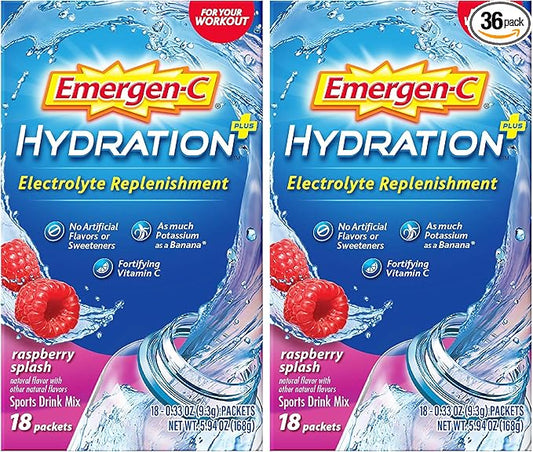 Emergen-C Hydration+ Sports Drink Mix with Vitamin C (,Raspberry Flavor),Electrolyte Replenishment,0.33 Ounce Powder Packets,(Pack of 36)