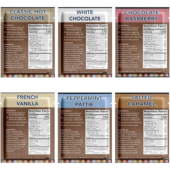 Double Donut Coffee Flavored Hot Chocolate Packets, Gourmet Hot Cocoa Mix Variety Pack 30 Count Includes Classic, White Chocolate, Choc Raspberry, Salted Caramel, French Vanilla & Peppermint