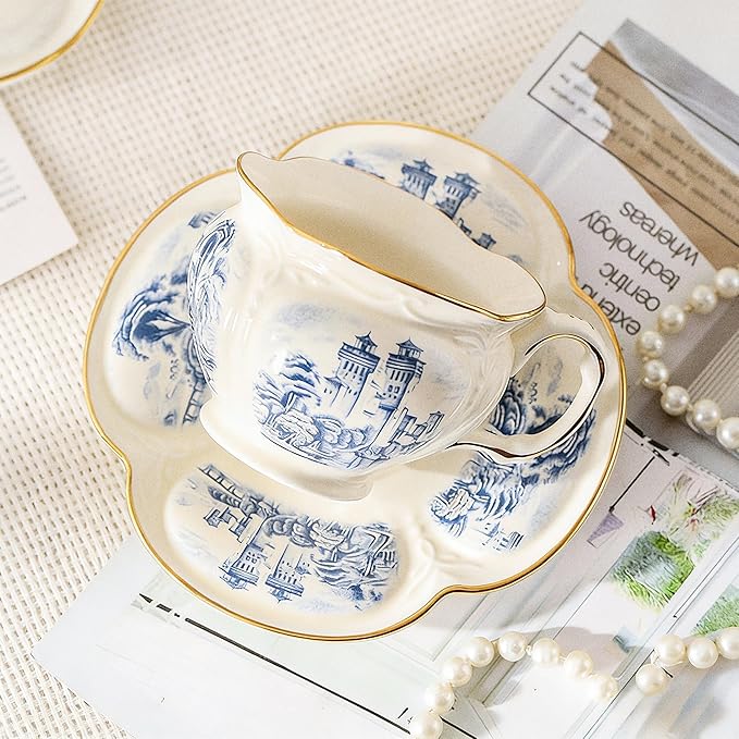 KAMMAK Tea Cups and Saucers Set of 2, Porcelain Coffee Cups, 8-Ounce Stackable Espresso Mugs, Ceramic Demitasse for Coffee, Latte, Americano, Tea, Retro Blue