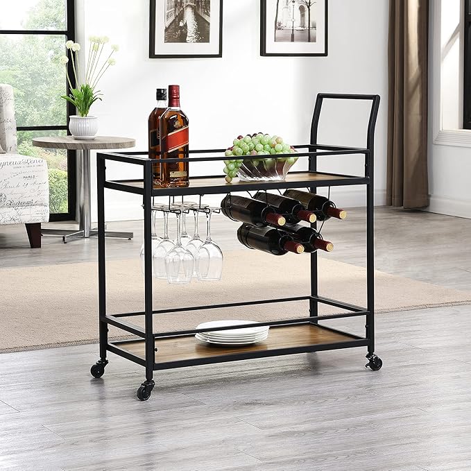 FirsTime & Co. Black and Brown Gardner Bar Cart, 2 Tier Mobile Mini Bar, Kitchen Serving Cart and Coffee Station with Storage for Wine and Glasses, Metal and Wood, Modern