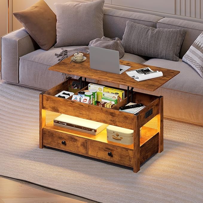WLIVE Coffee Table, Lift Top Coffee Table with 2 Drawers, LED Light, Large Storage and Open Shelf, Lift Tabletop for Living Room, Black, Rustic Brown