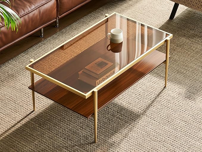Shrine Rectangle Coffee Table, Mid-Century Modern Design, Two-Tier Walnut MDF Table, 39.4" D x 21.6" W x 17.3" H, Sleek Conical Metal Legs with Gold Finish