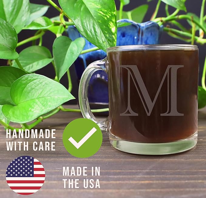 Etched Monogram 12oz Clear Glass Coffee Mug (Letter M), A-Z Customized Gifts for Coffee Lovers, Custom Engraved Gifts for Women Her, Personalized Gift for Men, Initial