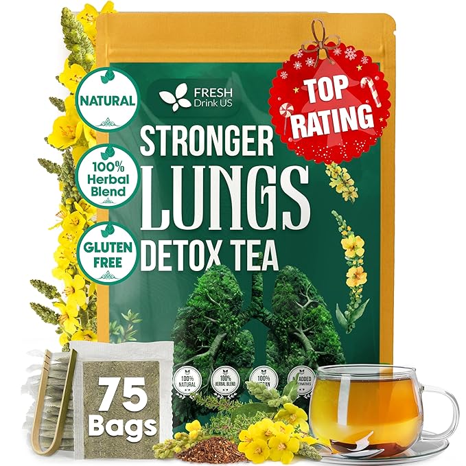 FreshDrinkUS, StrongerLungs 75 Tea Bags - Mullein Leaf, Ginseng, Elderberry, Ginger & Thyme - Supports Lung Cleanse, Congestion Relief & Mucus Detox - Caffeine-Free & All-Natural