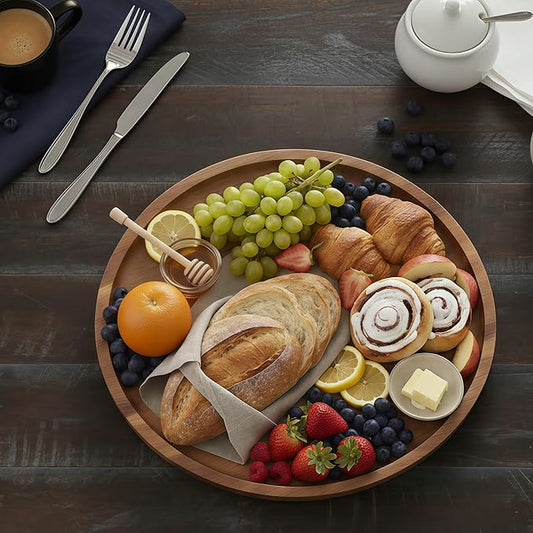13.7 Inches Charcuterie Board | Multi-Functional Round Wooden Tray – Acacia Wood Serving Tray & Coffee Station Organizer for Kitchen Counter, Decorative Wooden Round Tray for Home Decor