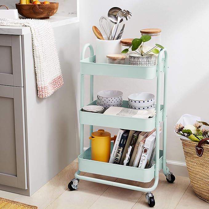 Amazon Basics 3-Tier Metal Rolling Utility or Kitchen Cart - Mint Green