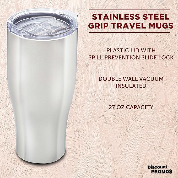 DISCOUNT PROMOS Stainless Steel Grip Travel Mugs 27 oz. Set of 10, Bulk Pack - Perfect for Coffee, Soda, Other Hot & Cold Beverages - Silver