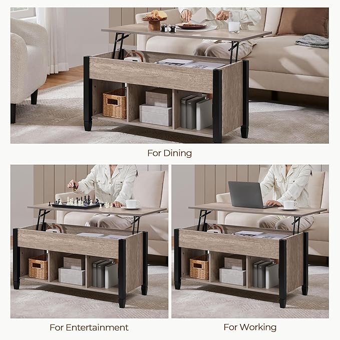 Yaheetech Gray Coffee Table, Lift Top Coffee Table with Hidden Compartment & Shelf, Lift Up Dining Table for Living Room Reception, Retro Central Table with Wooden Lift Tabletop, 41 inch L