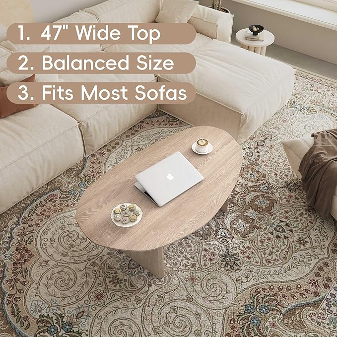 Honyee Oval Coffee Table, 47.2" Wood Coffee Table for Living Room, Modern Wooden Center Table with Solid Wood Veneer Legs, Sturdy Rounded Edge Design, Easy Assembly, Apartment Friendly, Natural