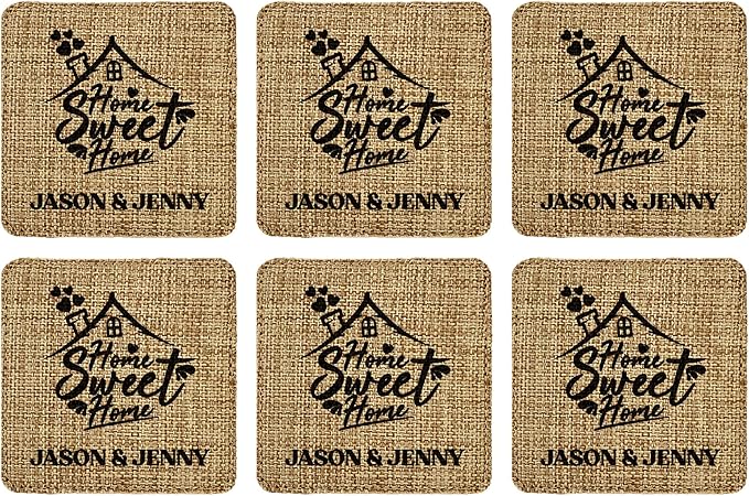 Smile Art Design Family Couple Names Custom Coaster Set of 6 with Base Square Burlap Material Family Name Home Sweet Home Print Personalized Gifts House Warming Wedding Gift Rustic Home Decor Style11