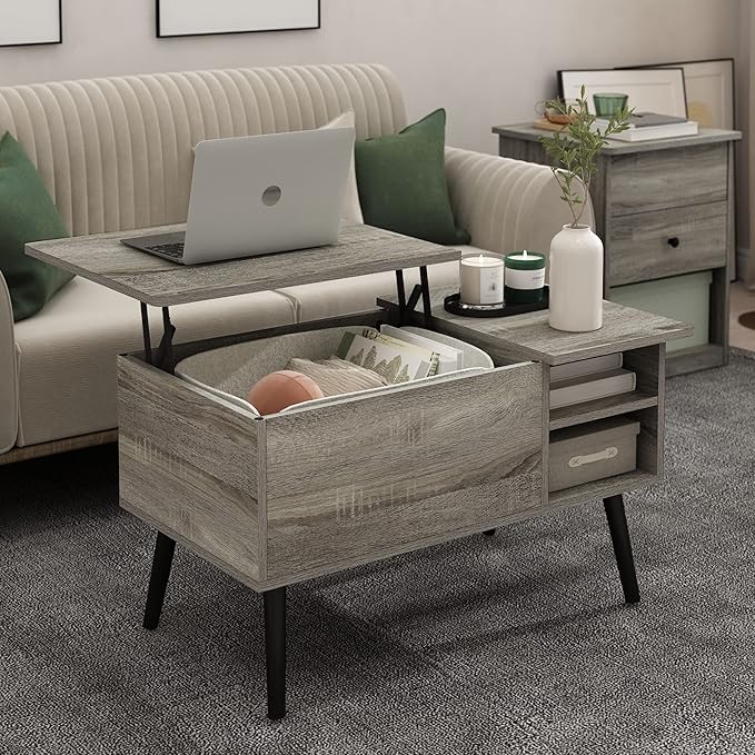 Furinno Jensen Living Room Wooden Leg Lift Top Coffee Table With Hidden Compartment and Side Open Storage Shelf, French Oak Grey