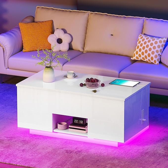 YITAHOME LED Lift Top Coffee Tables for Living Room with Power Outlets Charging Station, Modern Coffee Table with Storage 2 Drawers and Open Shelfs Rectangular Small Coffee Table Decor, Glossy White