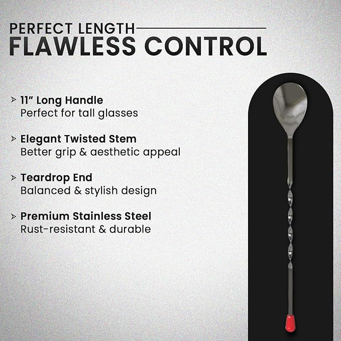Rattleware 11" Twist Bar Spoon – Stainless Steel Long Handle Cocktail Mixing Spoon with Twisted Stem – Professional Bartender Stirring Spoon for Drinks, Coffee, Tall Glasses & Shakers