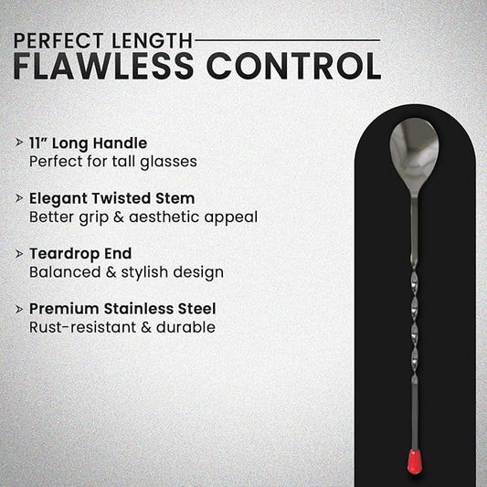 Rattleware 11" Twist Bar Spoon – Stainless Steel Long Handle Cocktail Mixing Spoon with Twisted Stem – Professional Bartender Stirring Spoon for Drinks, Coffee, Tall Glasses & Shakers