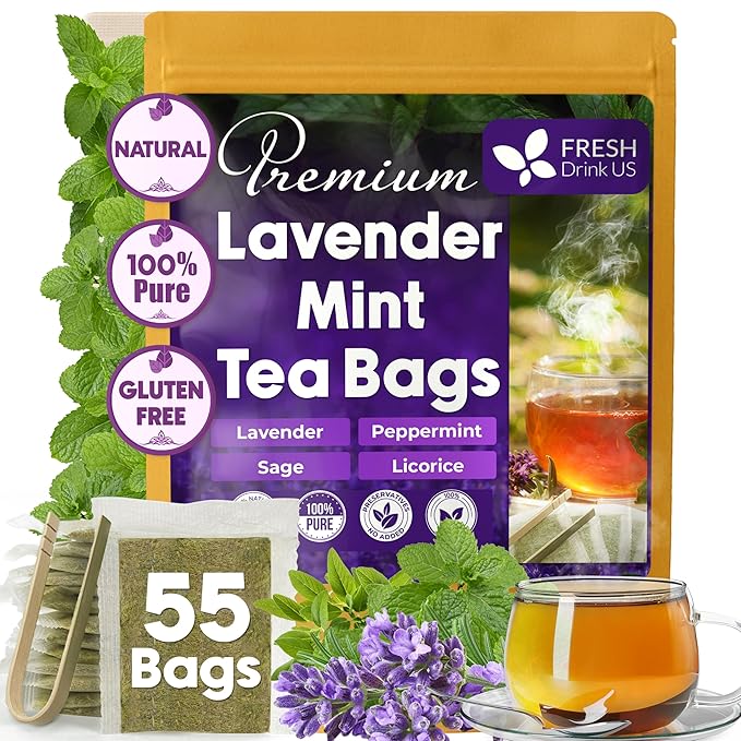 FreshDrinkUS, Premium 55 Tea Bags Lavender Mint Tea, 100% Natural, Blend of Lavender, Peppermint, Sage and Licorice. Made with Natural Material Tea Bags. No Sugar, No Caffeine, Vegan.