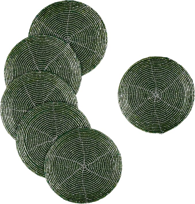 Handmade Beaded Wire Coaster Set of 6-4 Inch Round Coasters, Elegant Beautiful Stylish Decorative Drink Coasters Perfect for Home, Office, Christmas, & Everyday Use - Forest Green