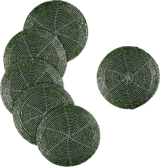 Handmade Beaded Wire Coaster Set of 6-4 Inch Round Coasters, Elegant Beautiful Stylish Decorative Drink Coasters Perfect for Home, Office, Christmas, & Everyday Use - Forest Green